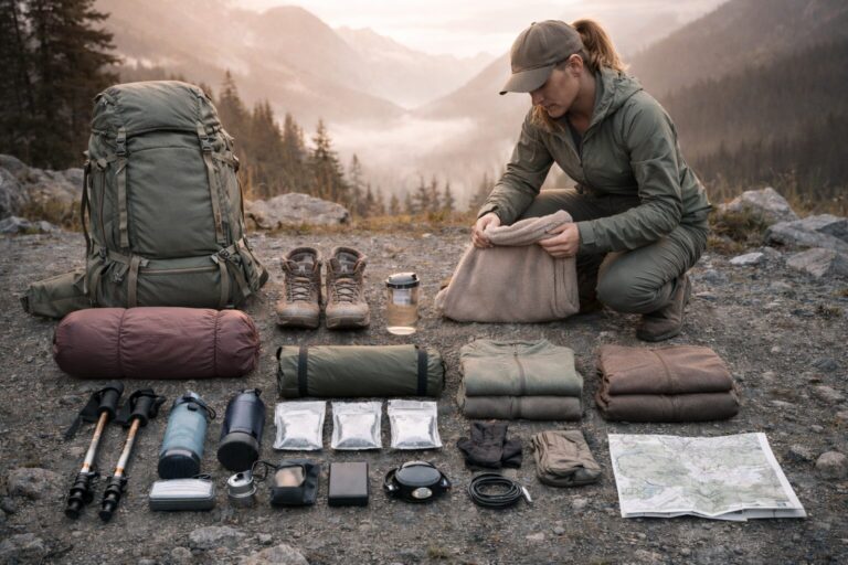 Ultra realistic outdoor photography of a 30-40 year old experienced female hiker organizing her trekking gear before departure. Equipment neatly arranged next to a women-specific 65-70L backpack. Subtle feminine touch through soft earth tones with muted sage green and warm beige accents. Technical clothing layers carefully folded, lightweight tent, compact stove, trekking poles, trail shoes, hygiene kit, 4-day food autonomy. Early morning soft golden alpine light, calm and focused preparation mood. Elegant and composed atmosphere, natural skin tones, refined outdoor aesthetic. No visible logos, no brands, no text. Professional outdoor editorial photography, cinematic realism, 16:9 aspect ratio.