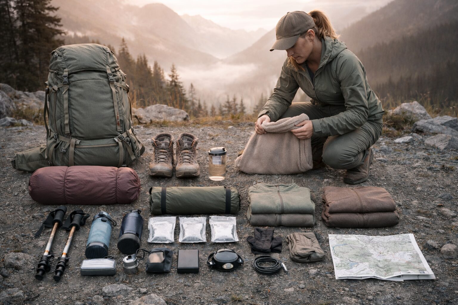 Ultra realistic outdoor photography of a 30-40 year old experienced female hiker organizing her trekking gear before departure. Equipment neatly arranged next to a women-specific 65-70L backpack. Subtle feminine touch through soft earth tones with muted sage green and warm beige accents. Technical clothing layers carefully folded, lightweight tent, compact stove, trekking poles, trail shoes, hygiene kit, 4-day food autonomy. Early morning soft golden alpine light, calm and focused preparation mood. Elegant and composed atmosphere, natural skin tones, refined outdoor aesthetic. No visible logos, no brands, no text. Professional outdoor editorial photography, cinematic realism, 16:9 aspect ratio.