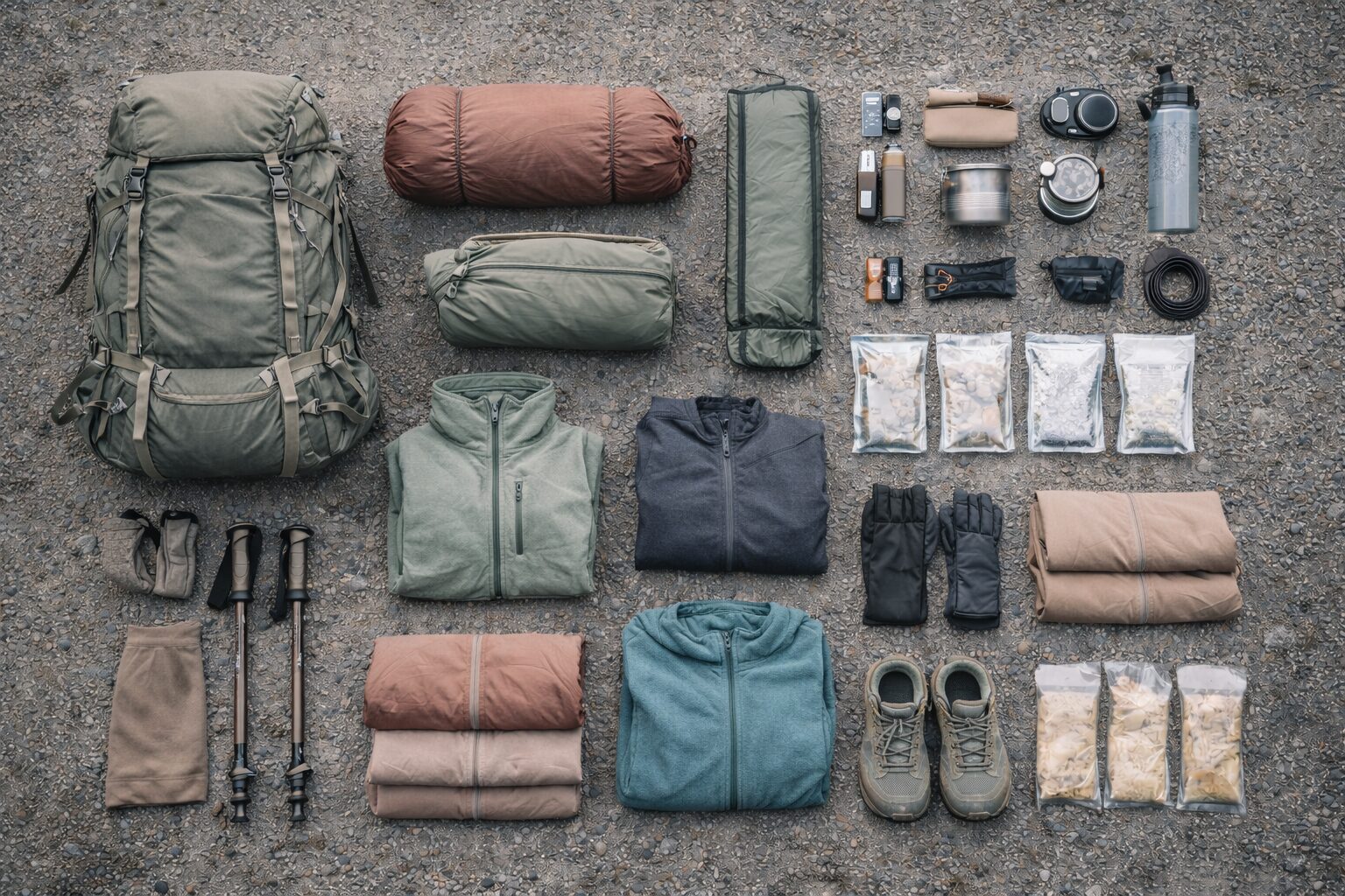 Professional top-down flat lay of complete women-specific trekking equipment for a 4-week expedition, carefully organized by category on neutral natural background. Subtle feminine aesthetic through harmonious color palette: muted terracotta, sage green, warm beige and soft charcoal. Equipment includes women backpack system, layered technical clothing adapted to female morphology, sleeping system, cooking system, hygiene kit, repair kit, electronics and 4-day food supply. Clean minimalist layout, elegant spacing, soft diffused daylight, refined outdoor editorial style. No logos, no text, high clarity, 16:9 ratio.
