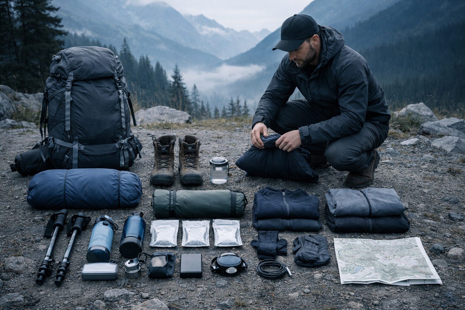 Ultra realistic outdoor photography of a 30-40 year old male hiker organizing his trekking gear on the ground before departure. All equipment carefully laid out in a flat lay style next to a 70L backpack: sleeping bag, trekking poles, compact tent, hiking boots, freeze-dried meals, water filter, headlamp, technical clothing layers, power bank, map. Early morning mountain atmosphere, soft natural light, slightly cold color grading. Minimalist, serious, expedition preparation vibe. No logos, no visible brands. Clean composition, professional outdoor magazine style, high detail, sharp focus, depth of field, cinematic but realistic. 16:9 aspect ratio.