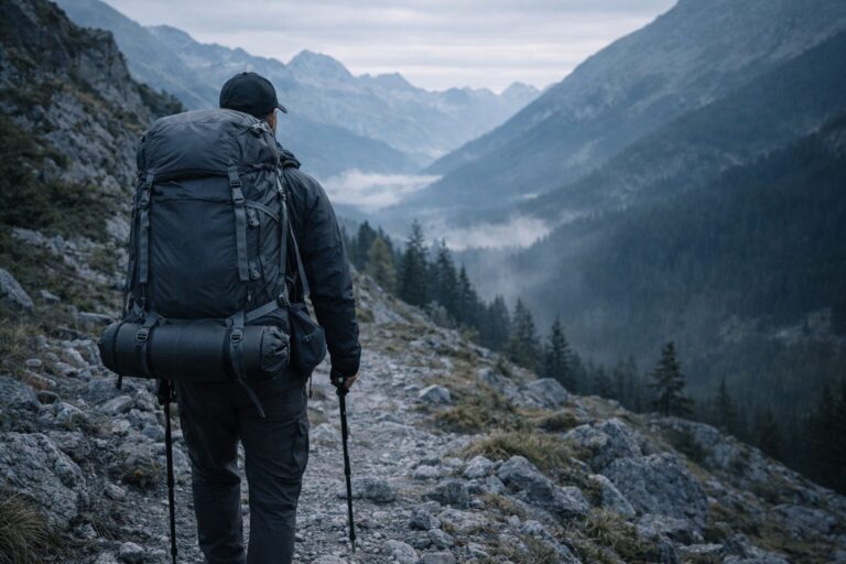 Realistic mountain trekking scene, male hiker wearing a large 70L backpack walking on a rugged alpine trail, early morning light, vast mountain landscape in background. Subtle emphasis on loaded backpack showing long-term autonomy. Cool natural colors, serious expedition atmosphere, documentary outdoor photography style, sharp focus, no visible logos, no text. Cinematic realism, 16:9.