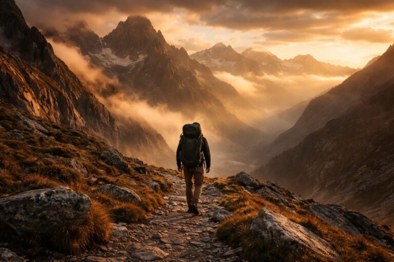 "Wide cinematic shot of a lone trekker with a full backpack walking on a rocky mountain trail at golden hour, dramatic alpine landscape, misty peaks in background, natural light, photorealistic, no text"