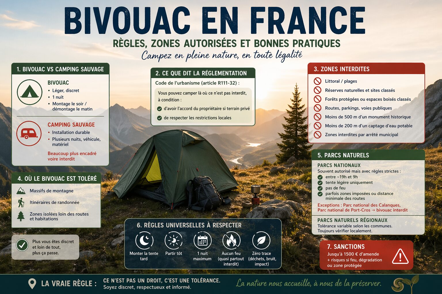 Infographie sur le bivouac en France montrant une tente de randonnée installée en montagne au coucher du soleil, avec des encadrés expliquant la réglementation, les zones autorisées et interdites, les règles à respecter et les bonnes pratiques pour camper légalement en pleine nature.
