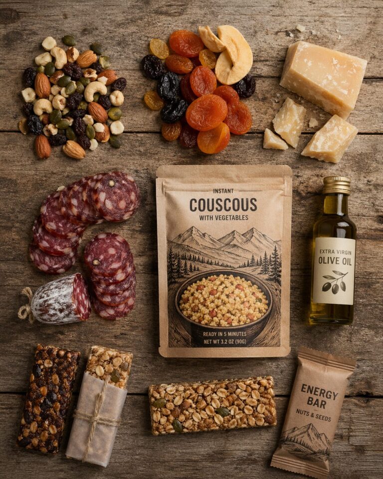 Vue de dessus d’aliments de randonnée disposés sur table en bois : mélange de noix et graines, fruits secs, fromage, saucisson, couscous instantané, barres énergétiques et petite bouteille d’huile d’olive, lumière naturelle chaude