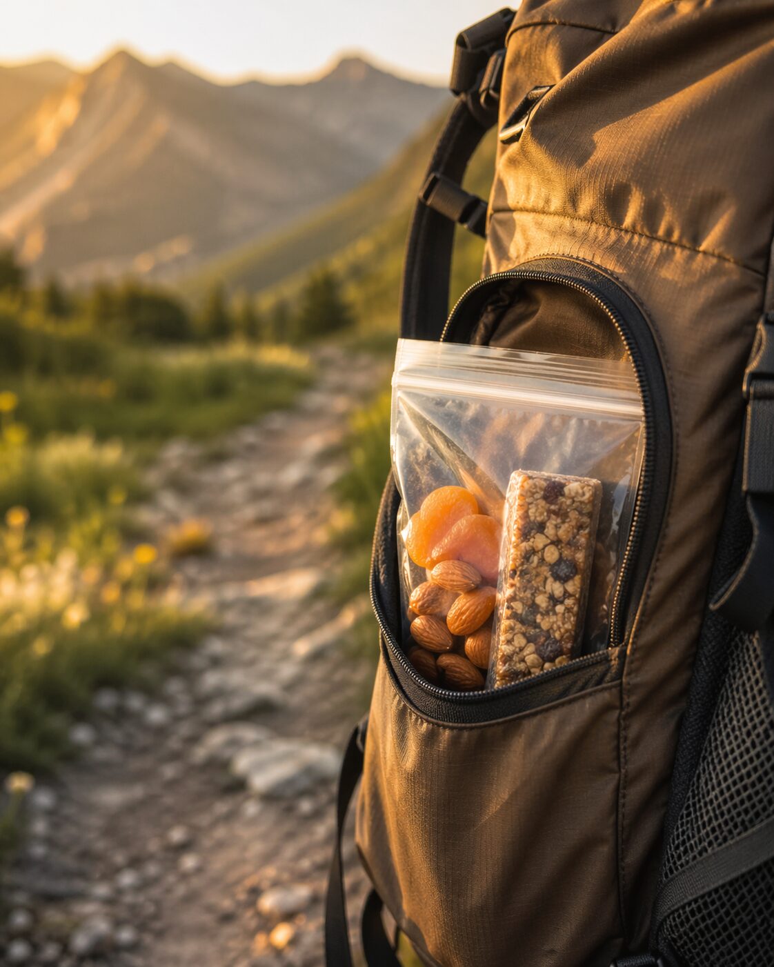 Gros plan sur une poche latérale de sac à dos ouverte avec un sachet contenant abricots secs, amandes et barre énergétique, arrière-plan flou de sentier alpin en lumière dorée